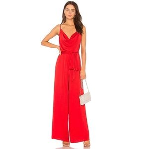 The Jetset Diaries Ellil Draped Wide Leg Tie Waist Satin Jumpsuit Red Sz XS